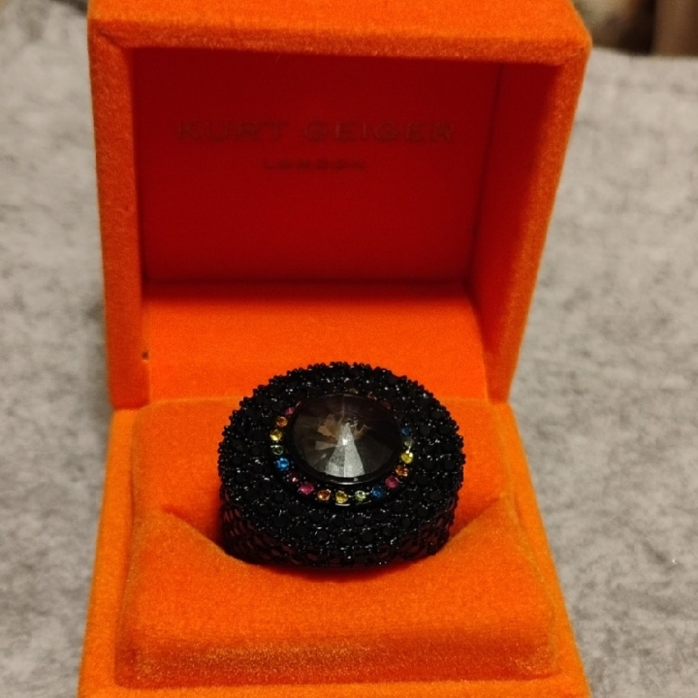 Kurt Geiger Black and Multicolor Crystal Ring. Size 8